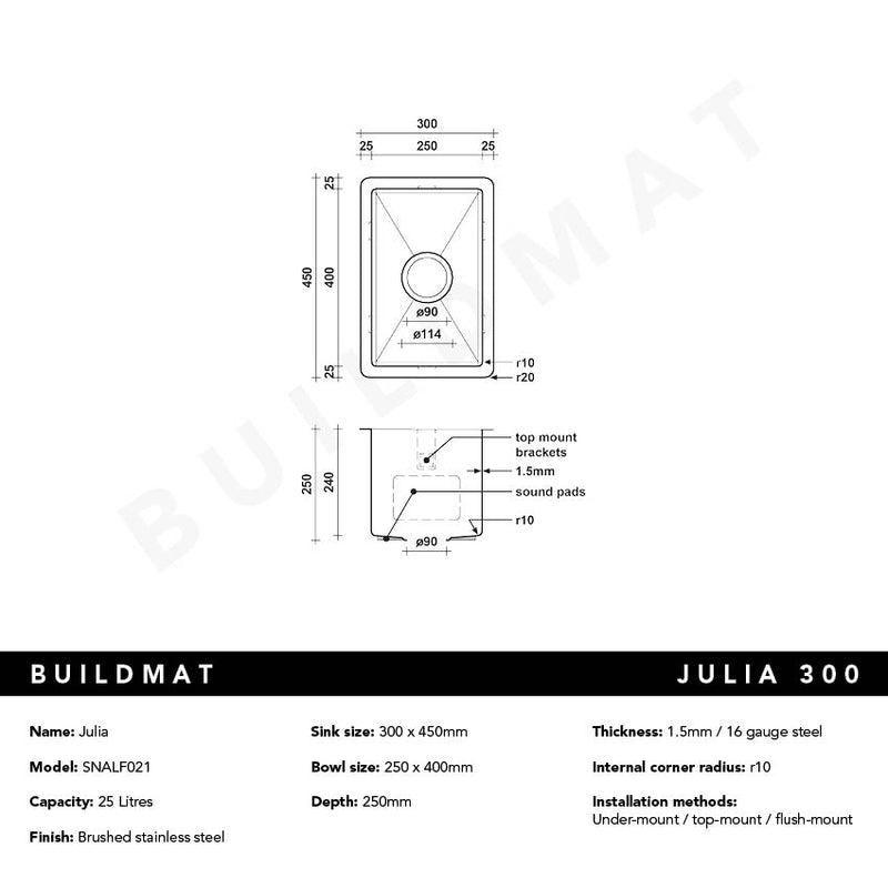 Julia 300x450 Alfresco 316 Stainless Steel Sink