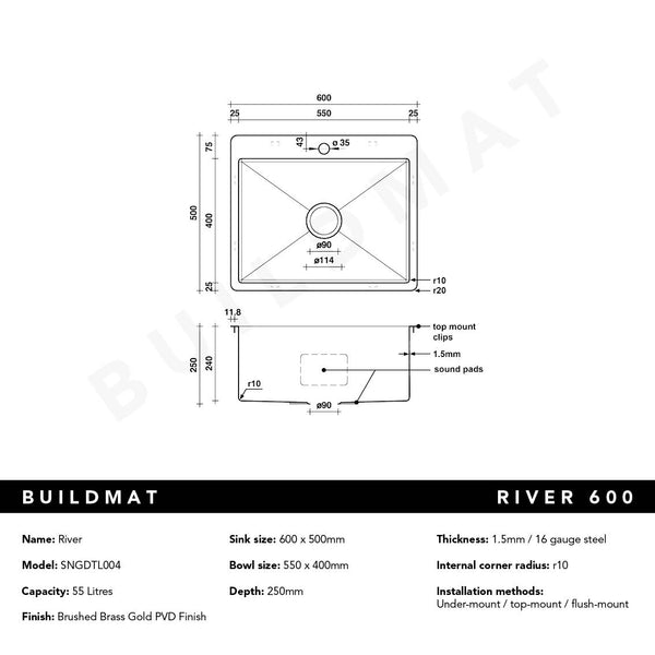Alma River 600x500 Medium Single Bowl Tap Landing Sink Brushed Brass Gold