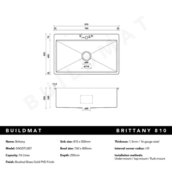 Alma Brittany 810x500 XLarge Single Bowl Tap Landing Sink Brushed Brass Gold