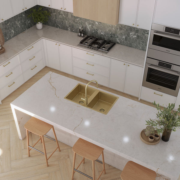 Alma Jack 820x500 Double Bowl Tap Landing Sink Brushed Brass Gold