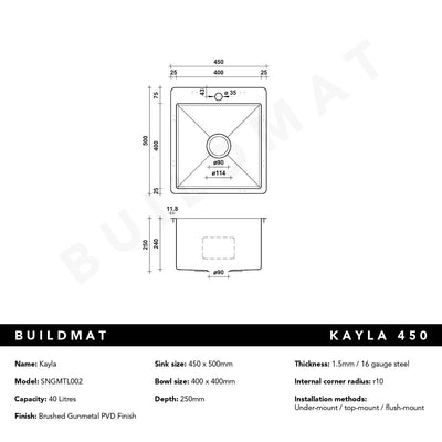 Kayla 450x500 Single Bowl Tap Landing Sink Brushed Gunmetal