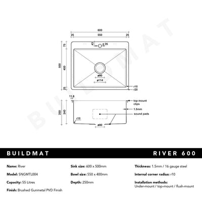 River 600x500 Medium Single Bowl Tap Landing Sink Brushed Gunmetal