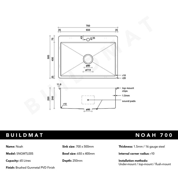 Alma Noah 700x500 Large Single Bowl Tap Landing Sink Brushed Gunmetal