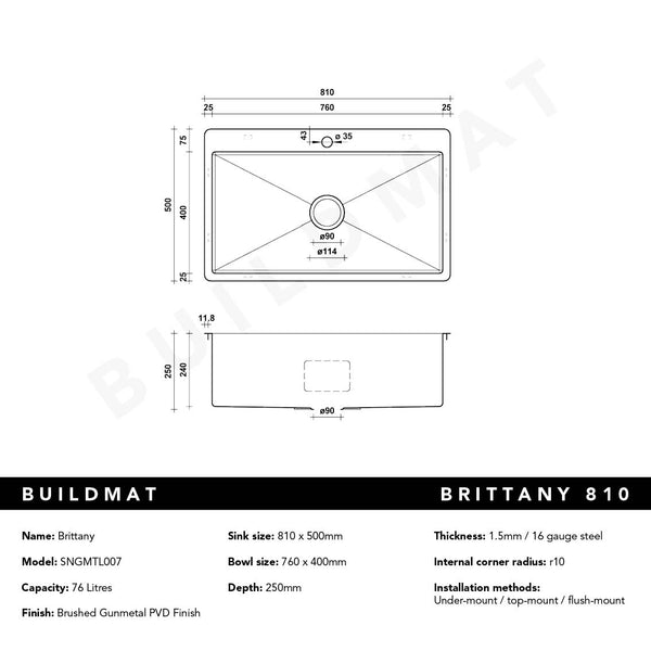 Alma Brittany 810x500 XLarge Single Bowl Tap Landing Sink Brushed Gunmetal