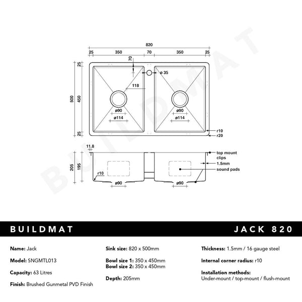 Alma Jack 820x500 Double Bowl Tap Landing Sink Brushed Gunmetal