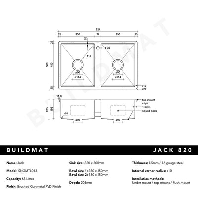 Jack 820x500 Double Bowl Tap Landing Sink Brushed Gunmetal