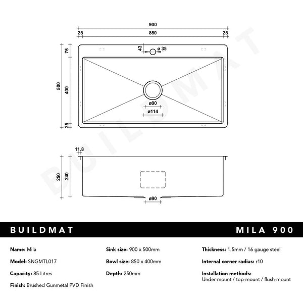 Alma Mila 900x500 XXLarge Single Bowl Tap Landing Sink Brushed Gunmetal