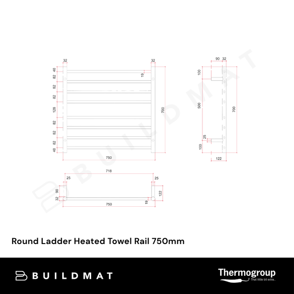 Thermogroup Round Ladder Heated Towel Rail 750mm Brushed Brass