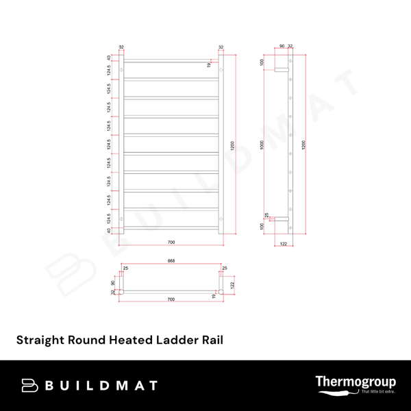 Thermogroup Straight Round Ladder Heated Towel Rail 700mm Polished Stainless Steel