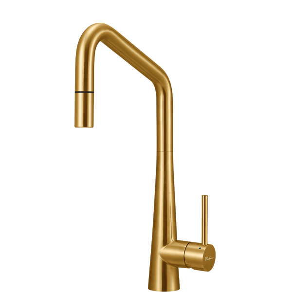 Oliveri Essente Stainless Steel Square Goose Neck Pull Out Mixer Brushed Gold