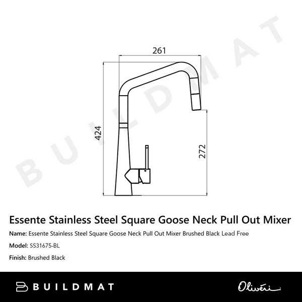 Oliveri Essente 316 Stainless Steel Square Goose Neck Pull Out Mixer Lead Free Brushed Black