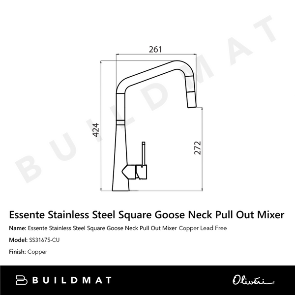 Oliveri Essente 316 Stainless Steel Square Goose Neck Pull Out Mixer Lead Free Copper
