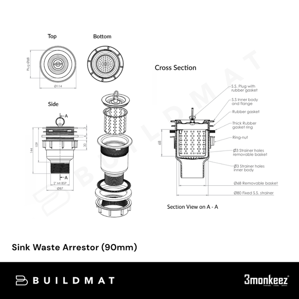 3Monkeez Sink Waste Arrestor (90mm) Stainless Steel