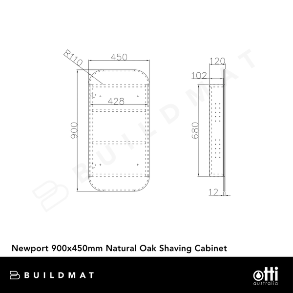 Otti Newport 900x450mm Natural Oak Shaving Cabinet