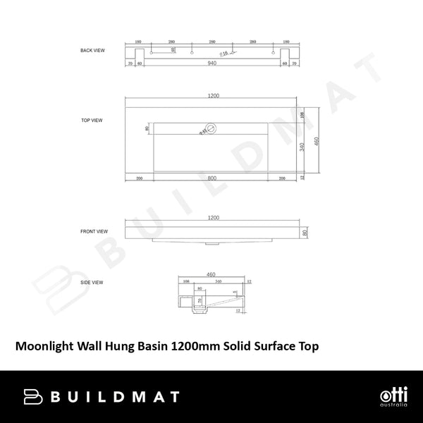Otti Moonlight Wall Hung Basin 1200mm Solid Surface Top