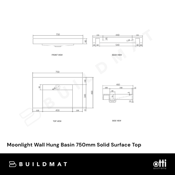 Otti Moonlight Wall Hung Basin 750mm Solid Surface Top