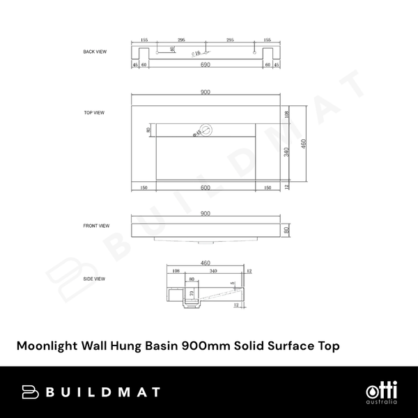 Otti Moonlight Wall Hung Basin 900mm Solid Surface Top