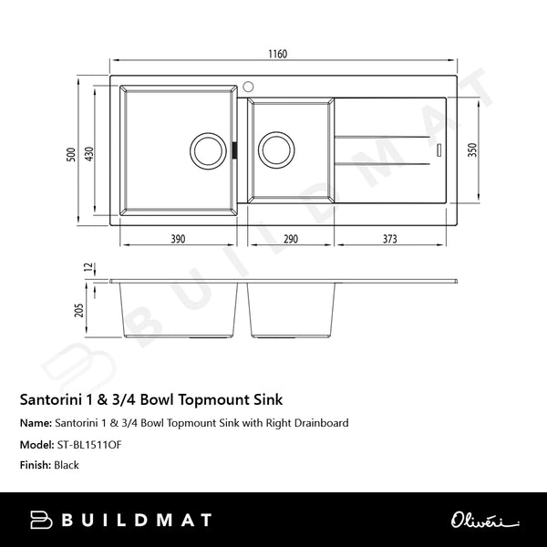Oliveri Santorini 1 & 3/4 Bowl Topmount Sink with Right Drainboard Black