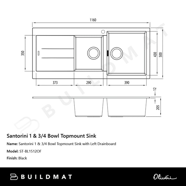 Oliveri Santorini 1 & 3/4 Bowl Topmount Sink with Left Drainboard Black