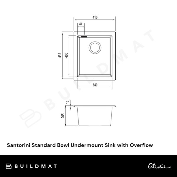 Oliveri Santorini Standard Bowl Undermount Sink with Overflow Black