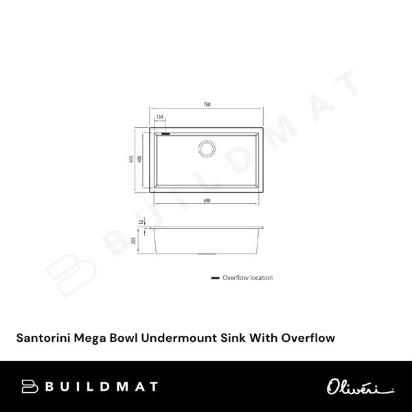 Oliveri Santorini Mega Bowl Undermount Sink With Overflow Black