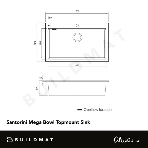 Oliveri Santorini Mega Bowl Topmount Sink Black with Overflow