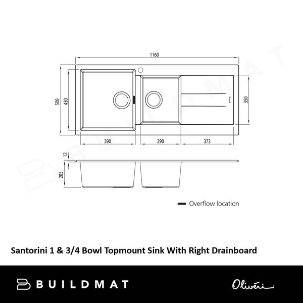 Oliveri Santorini 1 & 3/4 Bowl Topmount Sink with Right Drainboard Matte Black