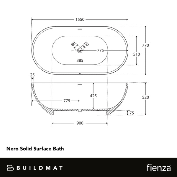 Fienza 1550mm Nero Solid Surface Bath with Overflow Matte White