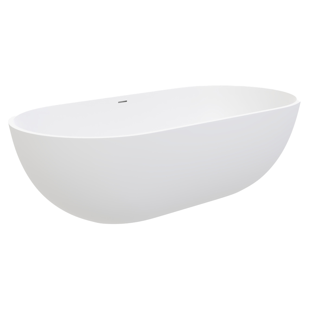 Cast stone solid surface Opulent wide width Freestanding style Matte white finish Easy to clean Integrated overflow Chrome pop-up/pull-out waste included Capacity: 310L Net weight: 150 kg Gross weight: 190 kg INSTALLATION WARNING: Floor preparation may be required for off-centre waste positions. Please discuss with you
