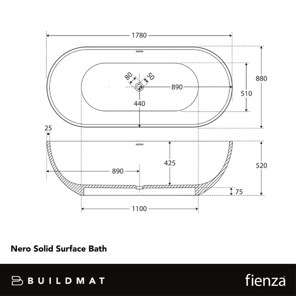 Fienza 1780mm Nero Solid Surface Bath Matte White