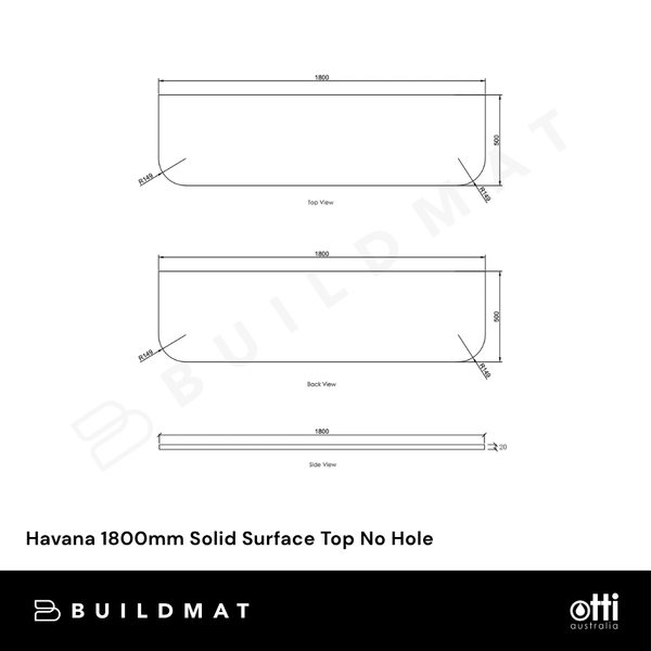 Otti Havana 1800mm Solid Surface Top No Hole Cloudy Carrara
