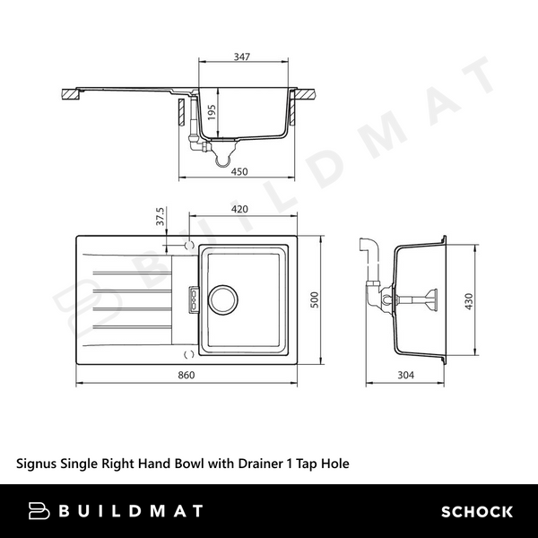 Schock Signus Single Right Hand Bowl with Drainer 1 Tap Hole Magma