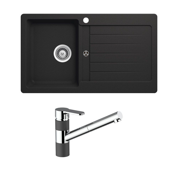 Schock Typos Single Bowl With Left Hand Bowl 1 Tap Hole and Pull Out Kitchen Mixer Onyx Black