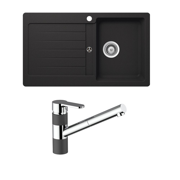 Schock Typos Single Bowl With Right Hand Bowl 1 Tap Hole and Pull Out Kitchen Mixer Onyx Black