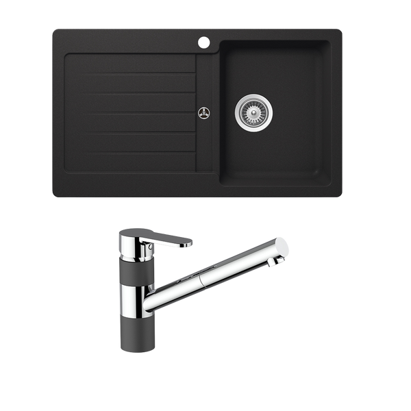 Schock Typos Single Bowl With Right Hand Bowl 1 Tap Hole and Pull Out Kitchen Mixer Onyx Black