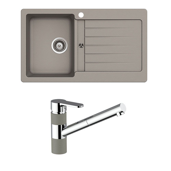 Schock Typos Single Bowl With Left Hand Bowl 1 Tap Hole and Pull Out Kitchen Mixer Concrete Grey