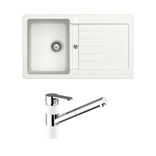 Schock Typos Single Bowl With Left Hand Bowl 1 Tap Hole and Pull Out Kitchen Mixer Alpina White