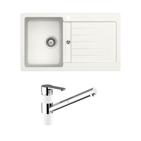 Schock Typos Single Bowl With Left Hand Bowl 1 Tap Hole and Pull Out Kitchen Mixer Alpina White