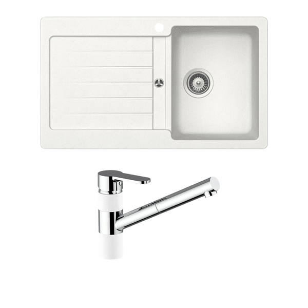 Schock Typos Single Bowl With Right Hand Bowl 1 Tap Hole and Pull Out Kitchen Mixer Alpina White