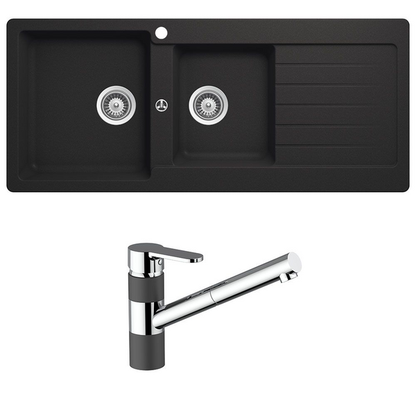 Schock Typos 1 And 3/4 Left Hand Bowl With Drainer 1 Tap Hole and Pull Out Kitchen Mixer Onyx Black