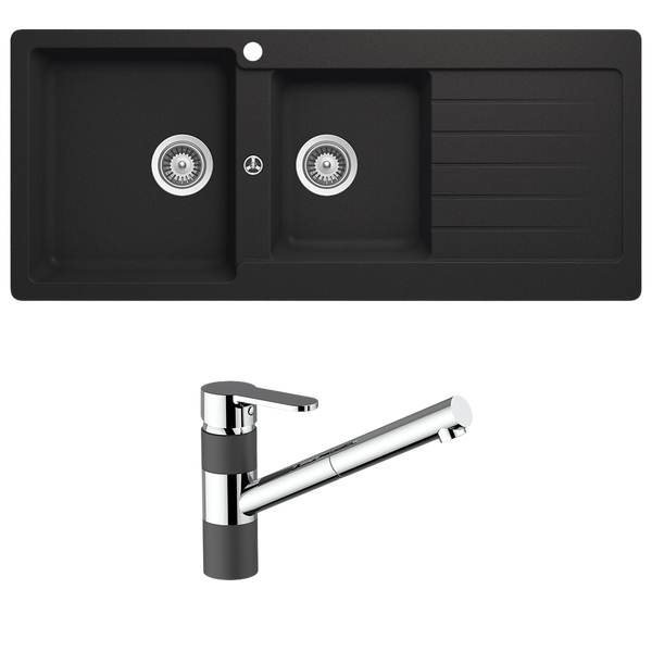 Schock Typos 1 And 3/4 Left Hand Bowl With Drainer 1 Tap Hole and Pull Out Kitchen Mixer Onyx Black