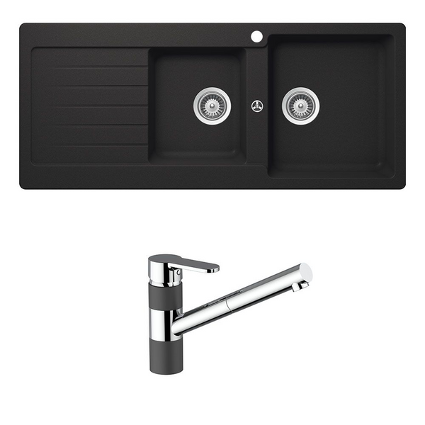 Schock Typos 1 And 3/4 Bowl With Right Hand Drainer 1 Tap Hole and Pull Out Kitchen Mixer Onyx Black