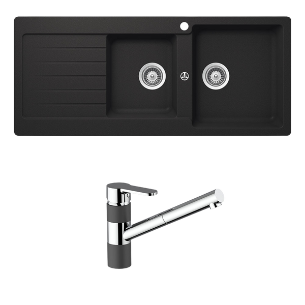 Schock Typos 1 And 3/4 Bowl With Right Hand Drainer 1 Tap Hole and Pull Out Kitchen Mixer Onyx Black
