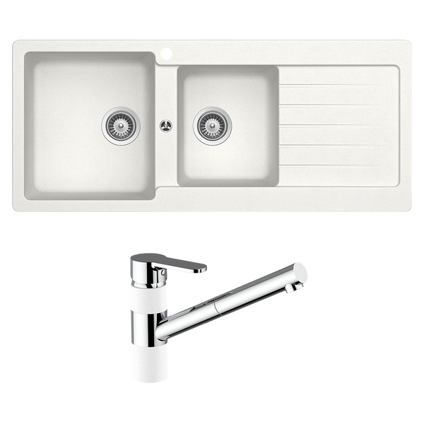 Schock Typos 1 And 3/4 Left Hand Bowl With Drainer 1 Tap Hole and Pull Out Kitchen Mixer Alpina White