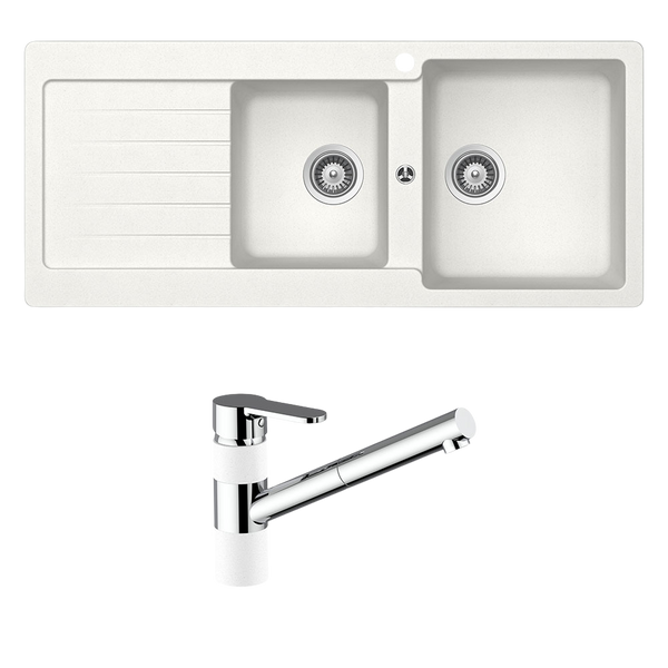 Schock Typos 1 And 3/4 Right Hand Bowl With Drainer 1 Tap Hole and Pull Out Kitchen Mixer Alpina White