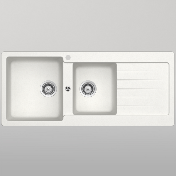 Schock Typos 1 And 3/4 Bowl Alpina Left Hand Bowl And Drainer 1 Tap Hole White