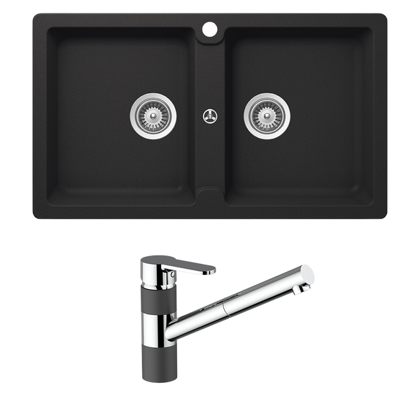 Schock Typos Double Bowl and Pull Out Kitchen Mixer Onyx Black