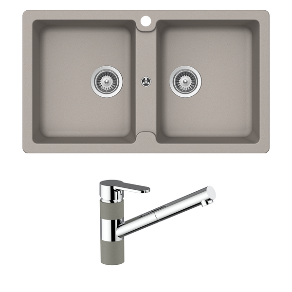 Schock Typos Double Bowl and Pull Out Kitchen Mixer Concrete Grey
