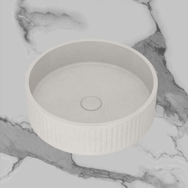 Arcisan Kasta-Lux Fic Above Counter 400mm Ribbed Round Basin with Pop Up Waste White Stone