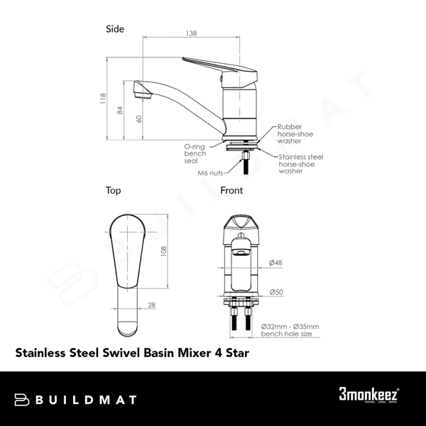 3monkeez Stainless Steel Swivel Basin Mixer 4 Star